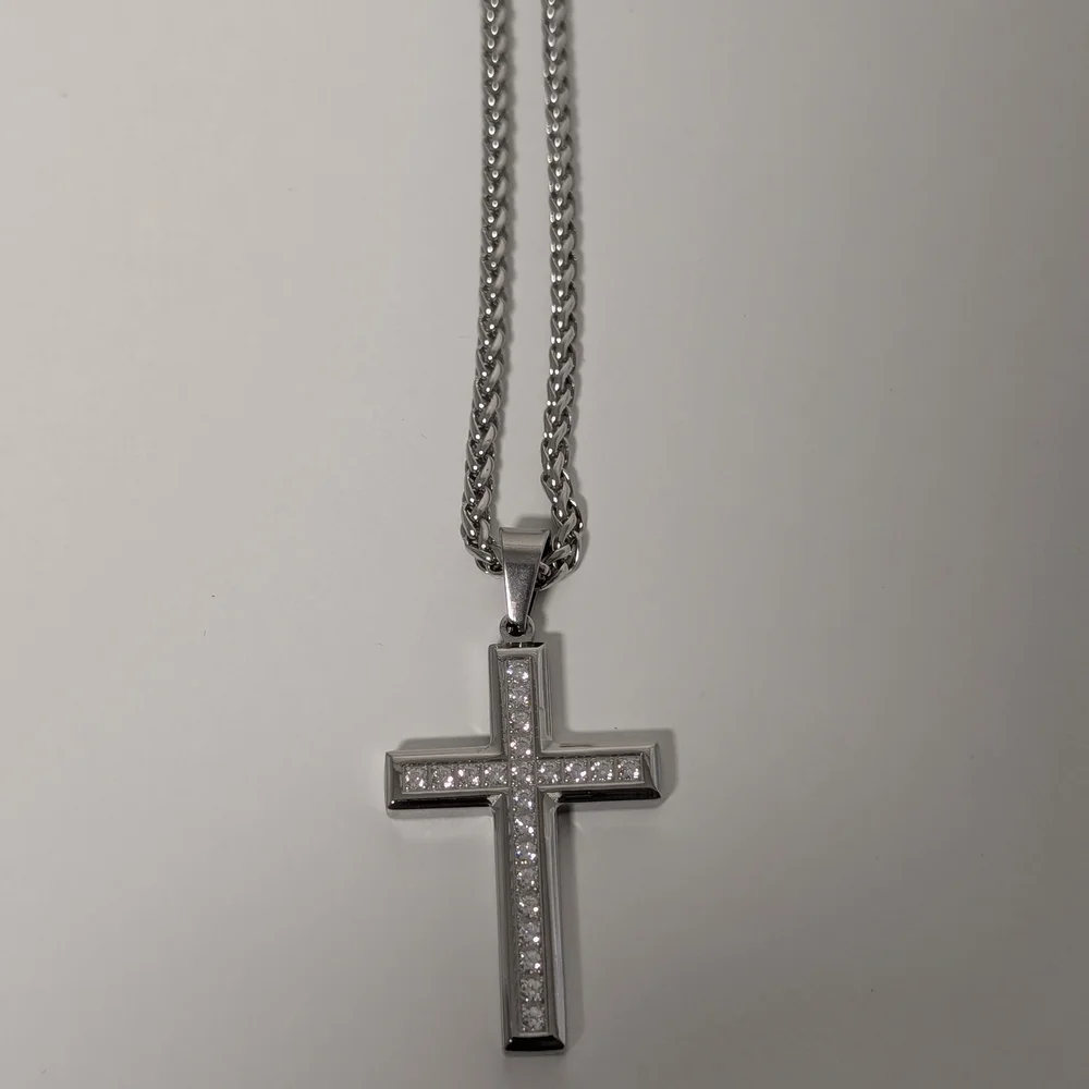Silver Cross Pendant Necklace with Cubic Stones